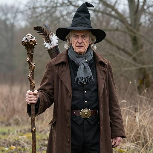 Elderly Man in Wizard Costume Holding Staff Outdoors