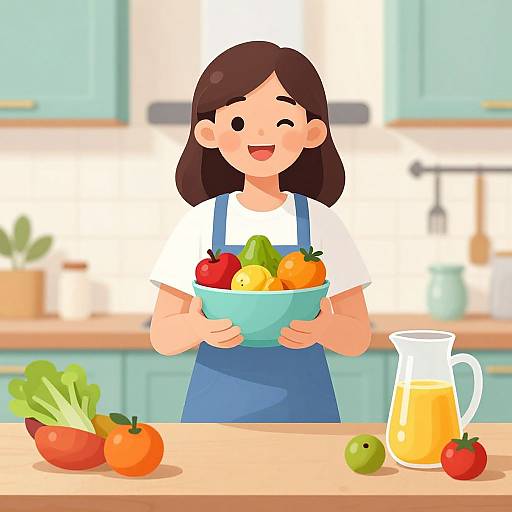 Cartoon-style digital drawing of a smiling girl with brown hair in a blue apron, holding a bowl of colorful fruits, standing in a bright kitchen