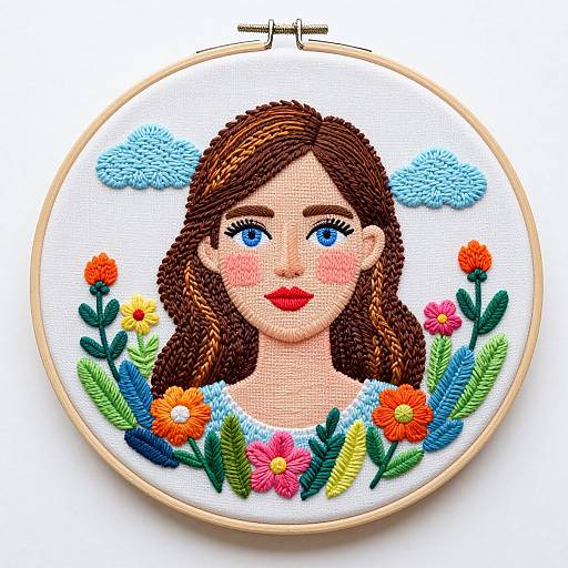Colorful cross-stitch portrait of a woman with blue eyes, red lips, brown braided hair, surrounded by vibrant flowers in a wooden hoop frame