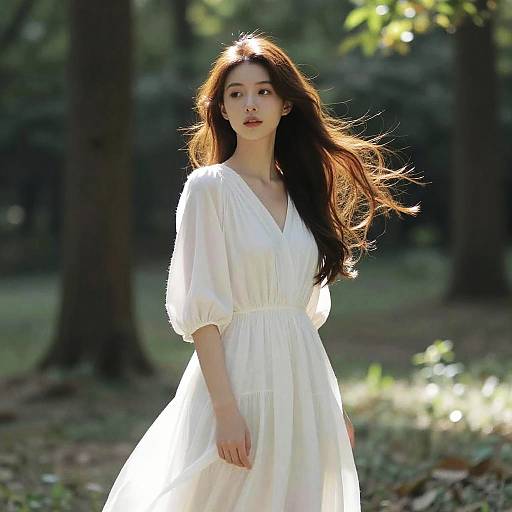 Ethereal Woman in Sunlit Forest