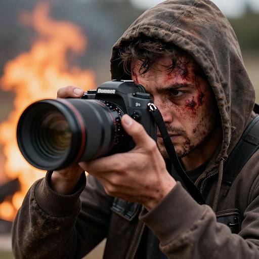 Intense Hooded Man with Camera and Flames