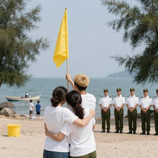 Vibrant Beach Scene with Flag Raising