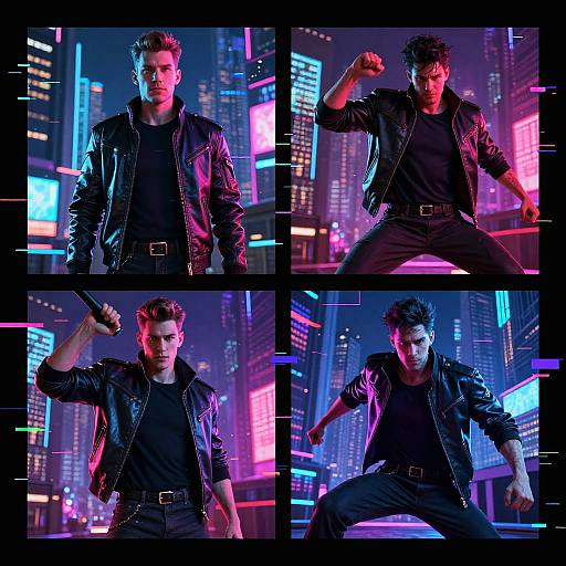 Photograph collage of a muscular man in a black leather jacket, black shirt, and jeans, posing aggressively in a neon-lit, cyberpunk city