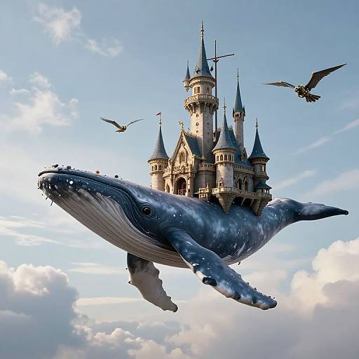 Photorealistic CGI of a giant blue whale carrying a whimsical, fairytale castle with three towers and flying birds against a bright blue sky.