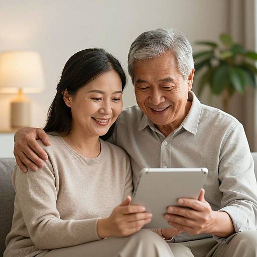 Photograph of an Asian elderly man with gray hair and an Asian woman with black hair, both smiling, sitting closely on a couch, holding a tablet