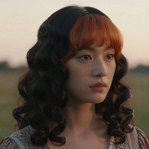 Photograph of an Asian woman with dark curly hair and red-orange bangs, soft sunlight highlighting her face, wearing a textured grey blouse, against a
