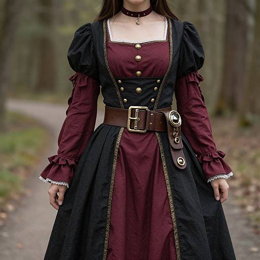 Photograph of a woman in a gothic-style maroon and black Victorian dress with puffed sleeves, brown belt, and leather pouch, standing on