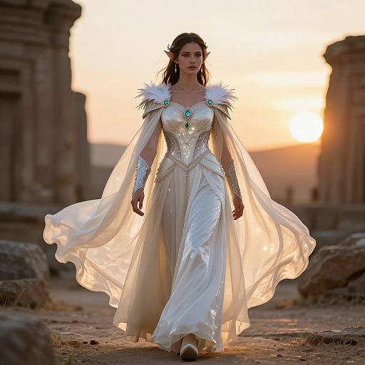 Photograph of a regal woman in a white, flowing gown with intricate silver detailing and feathered shoulders, walking in a sunlit, ancient ruins