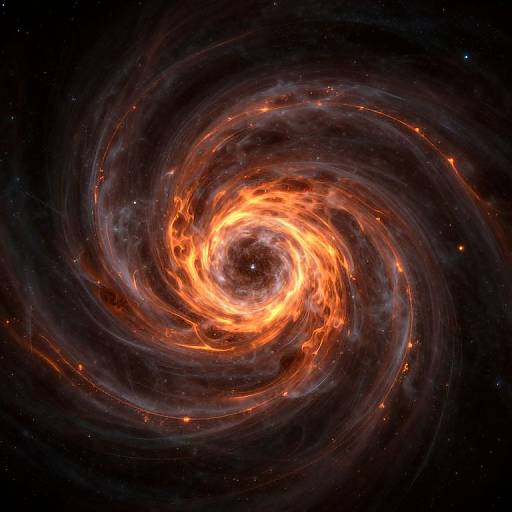 Photorealistic digital image of a swirling, fiery spiral galaxy with vibrant orange and yellow cores, surrounded by dark, swirling cosmic dust and scattered stars in