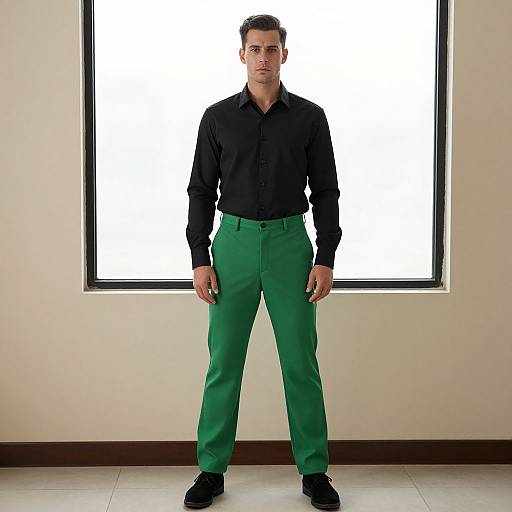 Photograph of a serious-looking man with short dark hair, wearing a black shirt and bright green pants, standing in front of a large white-lit