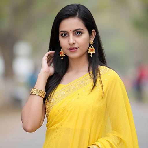 Photograph of an Indian woman with long black hair, wearing a yellow saree, gold jewelry, and red earrings, standing outdoors.
