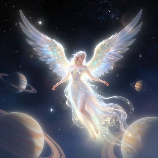 Digital artwork of a glowing, ethereal angel with radiant white wings floating in a starry, cosmic space surrounded by planets.