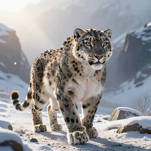Vigilant Snow Leopard in Alpine Dawn