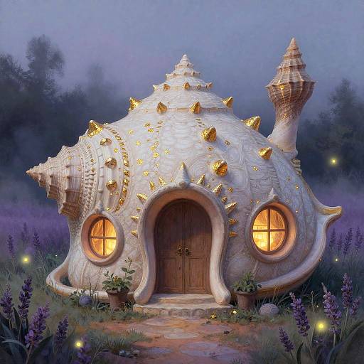 Whimsical, fairy-tale cottage shaped like a seashell, adorned with gold spikes, glowing windows, wooden door, surrounded by lavender,