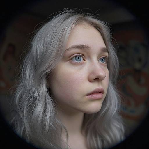 Photorealistic digital portrait of a young woman with pale skin, silver wavy hair, and blue eyes, set against a dark, blurred background.