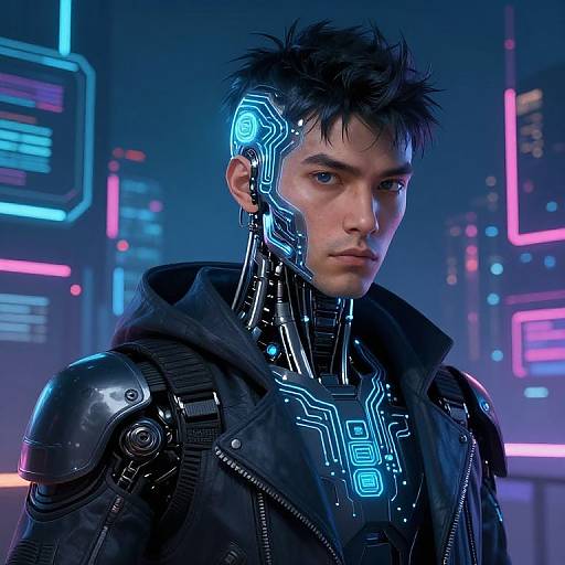 Cyberpunk image of a young man with spiky black hair, glowing neon cybernetic implants, wearing a black armored jacket, in a neon