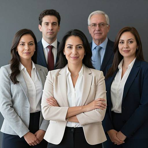 Photograph of four professionals: three women and one older man, all in business attire, standing against a gray background, smiling. Central woman in white