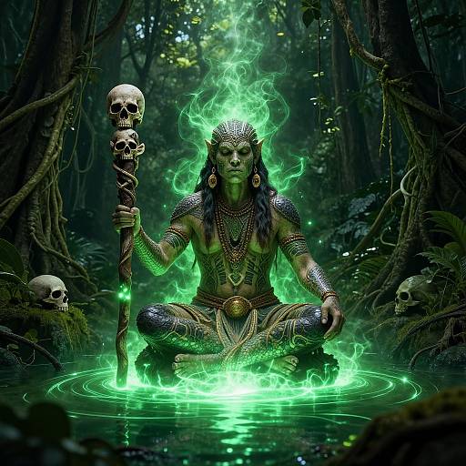 Digital artwork of a mystical, green-glowing forest sorceress with long black hair, adorned with jewelry, kneeling in water, holding a skull