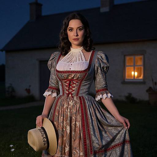 Photograph of a young woman with dark wavy hair, wearing a Victorian-style grey dress with red lace and white ruffle, holding a straw hat