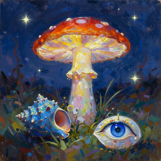 Mystical Radiant Mushroom with Cerulean Whelk and Eye of Horus