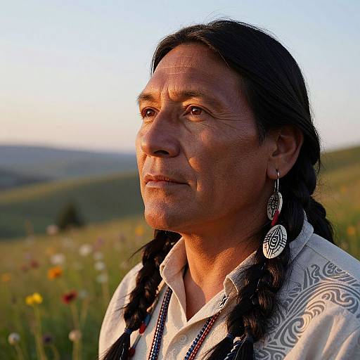Photograph of a Native American woman with long braids, wearing traditional white blouse and silver earrings, standing in a sunlit meadow.