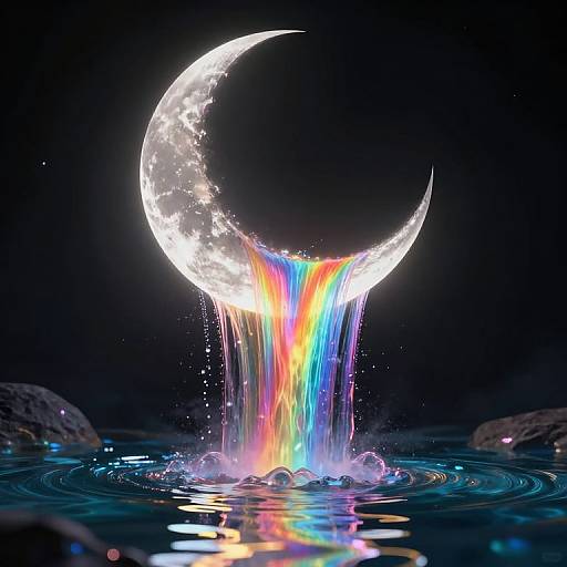 Celestial Crescent Moon with Rainbow Rivers