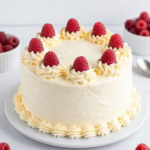 Photograph of a white-frosted cake with 9 red raspberries on top, surrounded by creamy swirls, on a white plate with berries