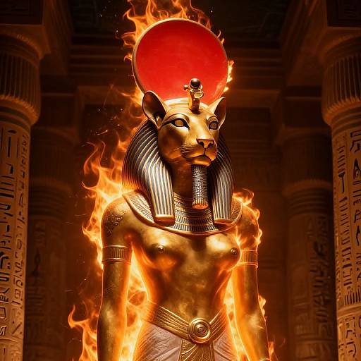 Photorealistic CGI of a fiery, ancient Egyptian Anubis statue with a red sun disk on its head, surrounded by dark, ornate pillars