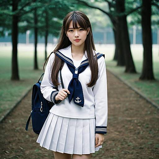 Asian School Girl in White Sailor Uniform Outdoors