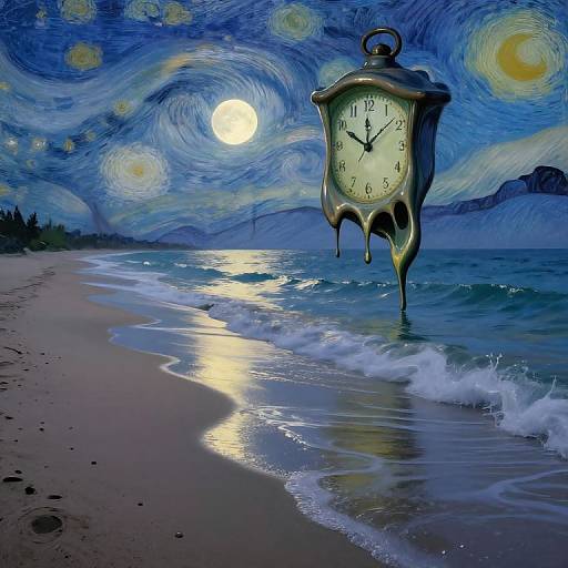 Digital artwork of a melting clock with dripping edges floating on a moonlit beach under a swirling, Vincent van Gogh-style night sky.
