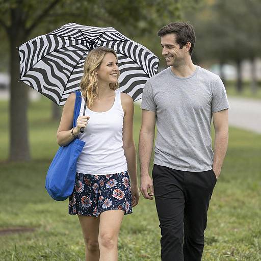 Smiling Couple Walking on Grassy Path