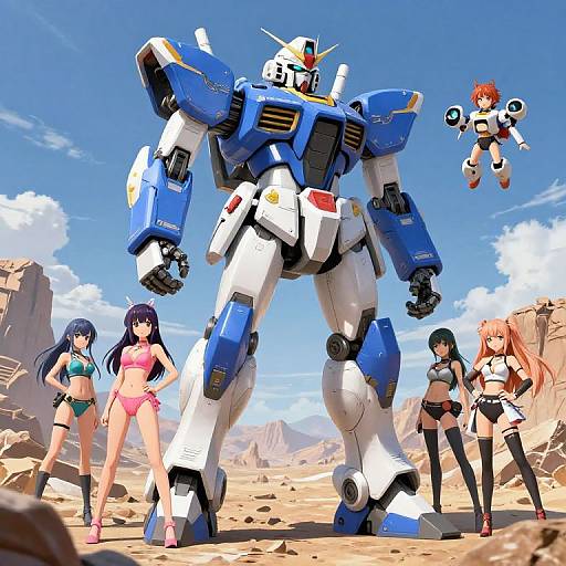 Mecha Robot with Anime Girls in Desert