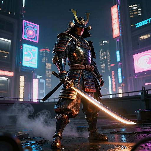 Cyborg Samurai on Neon Tokyo Rooftop
