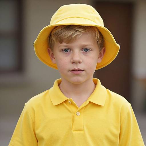 Photograph of a young boy with light brown hair, blue eyes, wearing a bright yellow bucket hat and matching yellow polo shirt, standing in front of