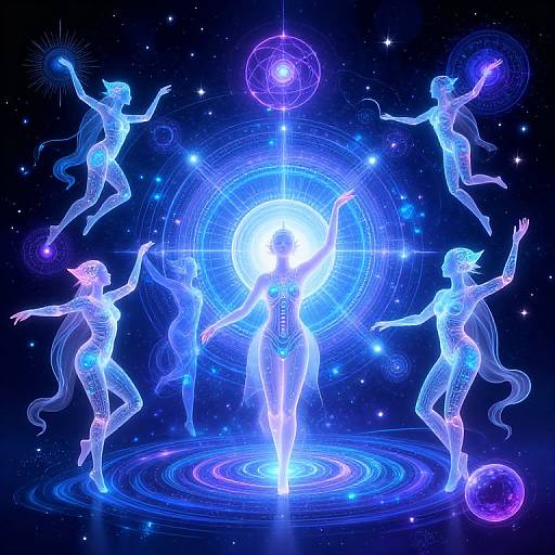 Digital art of glowing blue ethereal women dancing around a central radiant figure in a starry, cosmic background. Celestial spheres and swirling patterns enhance the