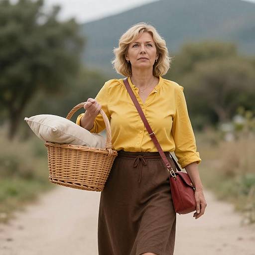 Middle-aged woman with basket on dirt path