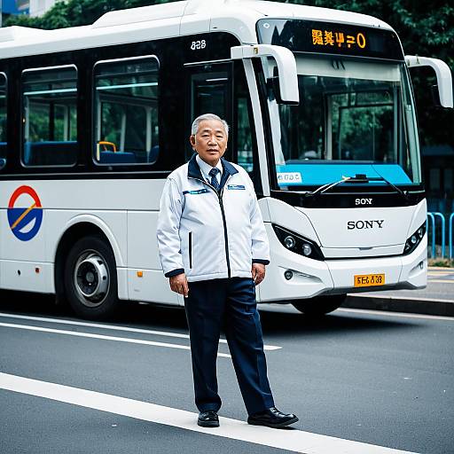 Asian Bus Driver Standing by Futuristic Metro Bus