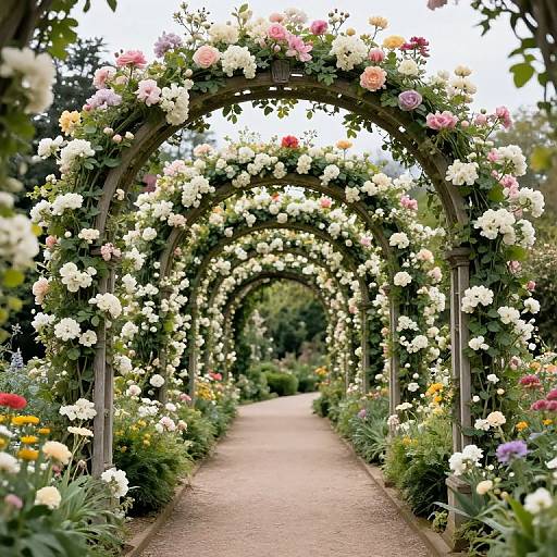 Photograph of a lush garden pathway framed by wooden arches adorned with blooming white, pink, and yellow flowers, leading to a verdant background