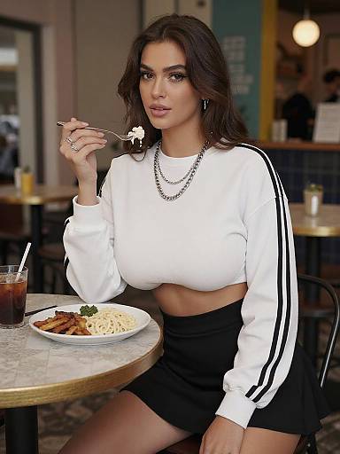 Photograph of a dark-haired woman with olive skin, wearing a white long-sleeve crop top and black skirt, eating at a café. She