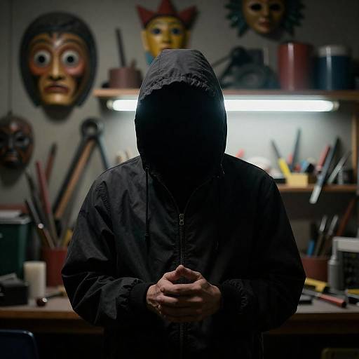 Silhouetted Figure in Chaotic Workshop