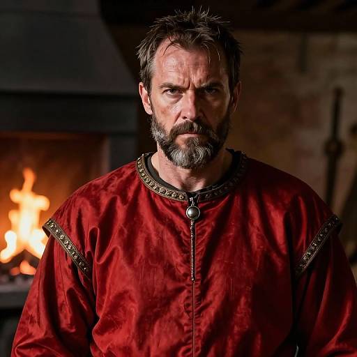 Photograph of a serious, bearded middle-aged man with dark hair, wearing a rich red medieval-style tunic with brass trim, standing in front