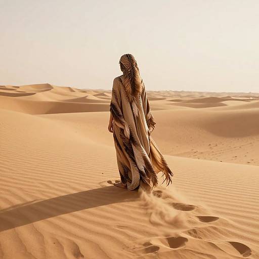 Photograph of a lone figure with long, flowing hair and a billowing robe standing in a sunlit, sandy desert with rippled sand patterns.