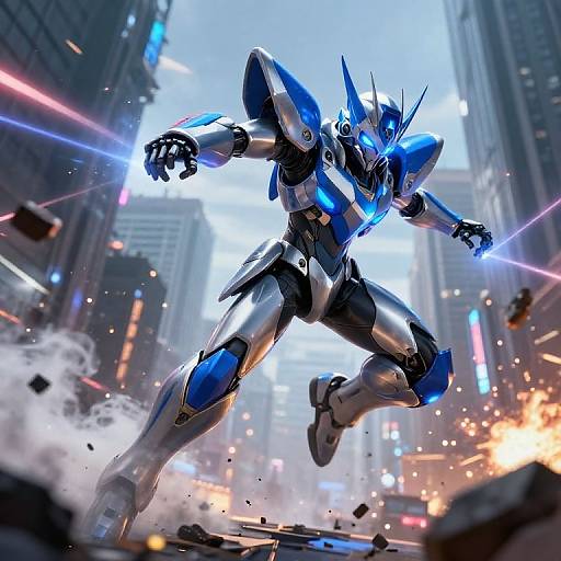 CGI image of a blue and silver robotic warrior, with glowing blue energy, running through a futuristic, neon-lit cityscape, surrounded by debris