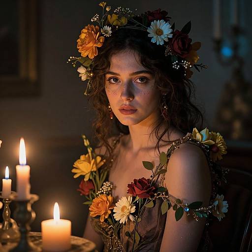 Photograph of a young woman with curly dark hair, wearing a flower crown and dress adorned with flowers, illuminated by warm candlelight.