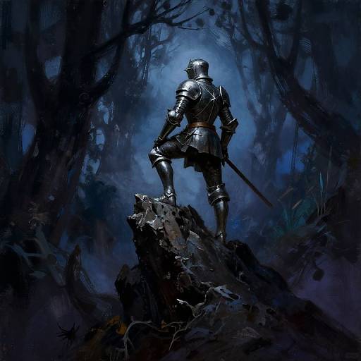 Digital artwork: Silhouetted armored knight with sword stands on rocky outcrop in dark, misty forest, illuminated by eerie blue light.