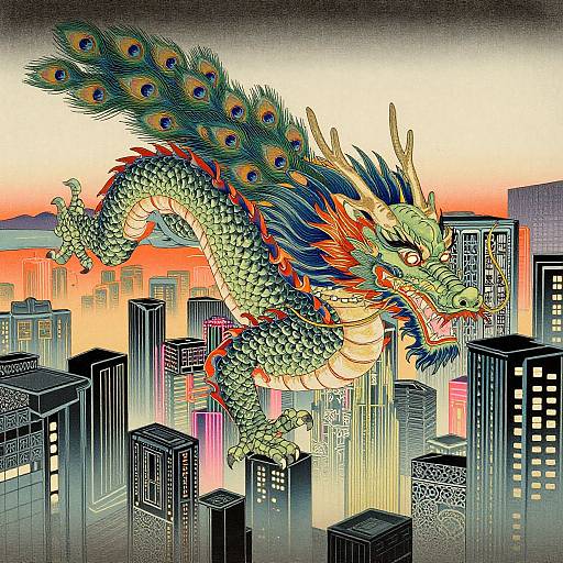 Digital artwork of a colorful, dragon with peacock feathers soaring over a neon-lit cityscape at sunset, featuring detailed buildings and vibrant, contrasting colors