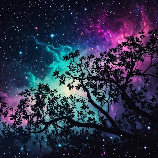 Silhouetted Tree Branches Against Colorful Nebula Galaxy