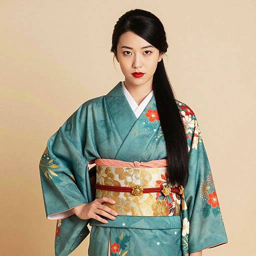 Photograph of an Asian woman with fair skin, black hair in a side ponytail, wearing a blue floral kimono with a gold and red ob
