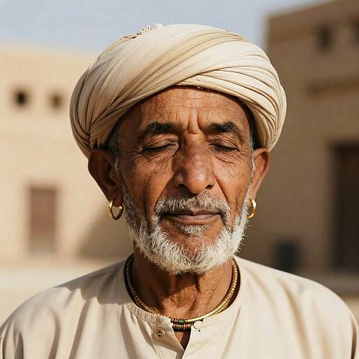 Elderly man with turban and gold jewelry in desert city