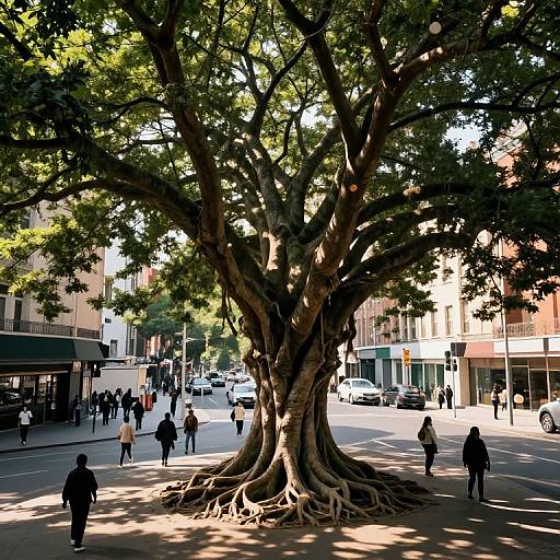 Photograph of a massive, sprawling tree with thick trunk and branches, casting shadows on a busy urban street filled with pedestrians and cars, under bright sunlight